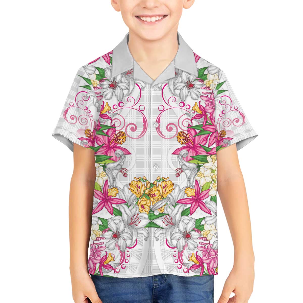 Hawaii Palaka Family Matching Off The Shoulder Long Sleeve Dress and Hawaiian Shirt White Tribal Pattern With Tropical Flowers LT05 Son's Shirt White - Polynesian Pride