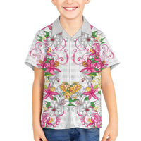 Hawaii Palaka Family Matching Off The Shoulder Long Sleeve Dress and Hawaiian Shirt White Tribal Pattern With Tropical Flowers LT05 Son's Shirt White - Polynesian Pride