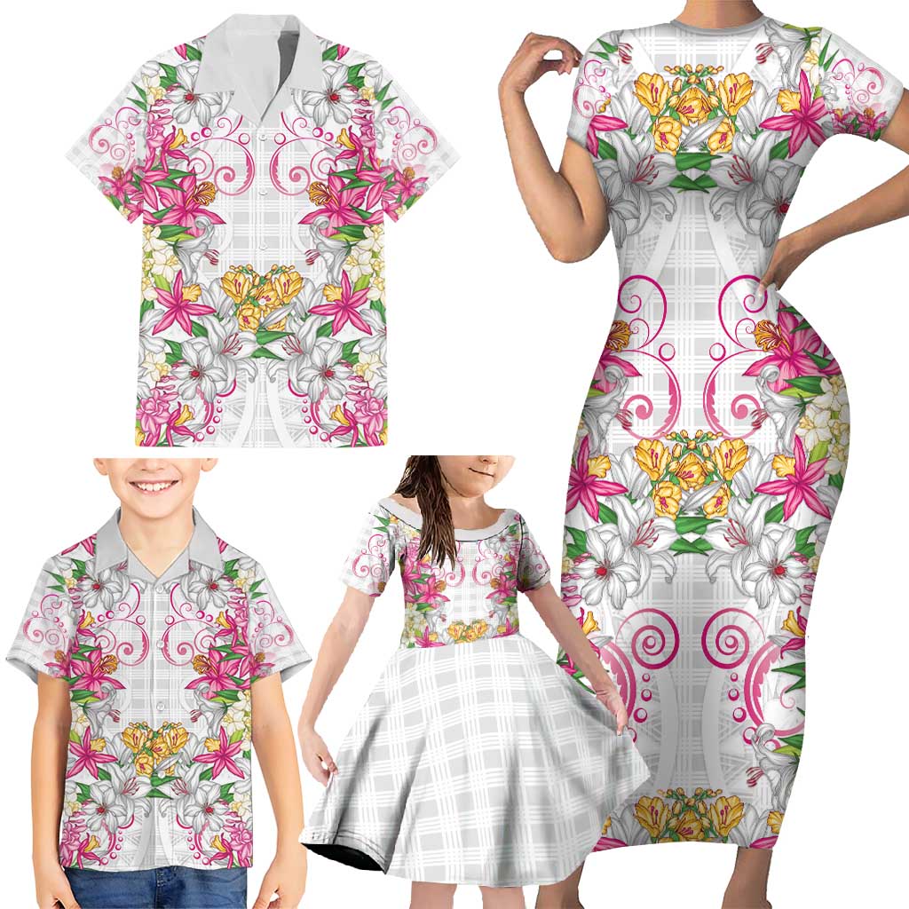 Hawaii Palaka Family Matching Short Sleeve Bodycon Dress and Hawaiian Shirt White Tribal Pattern With Tropical Flowers LT05 - Polynesian Pride