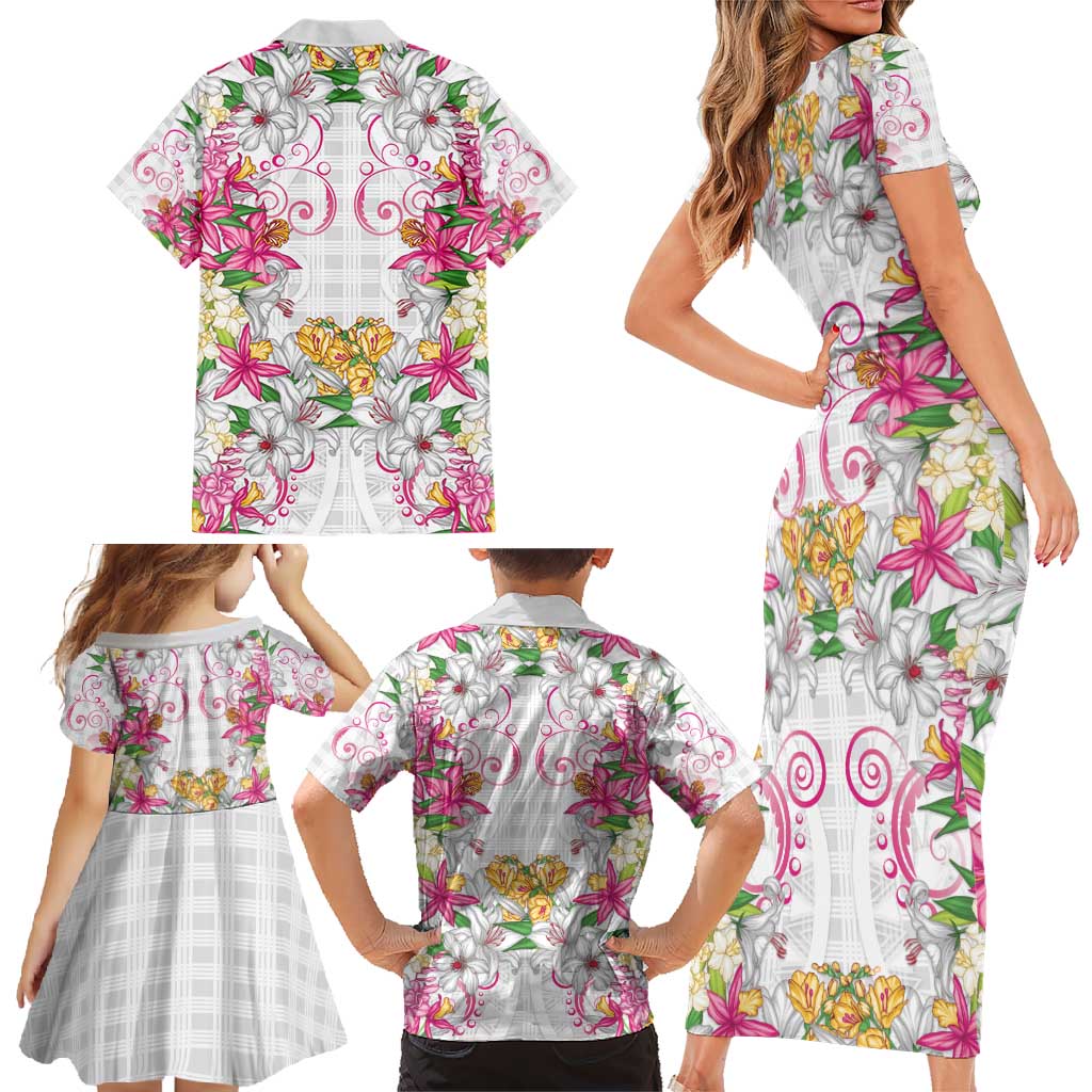 Hawaii Palaka Family Matching Short Sleeve Bodycon Dress and Hawaiian Shirt White Tribal Pattern With Tropical Flowers LT05 - Polynesian Pride