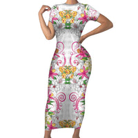 Hawaii Palaka Family Matching Short Sleeve Bodycon Dress and Hawaiian Shirt White Tribal Pattern With Tropical Flowers LT05 Mom's Dress White - Polynesian Pride