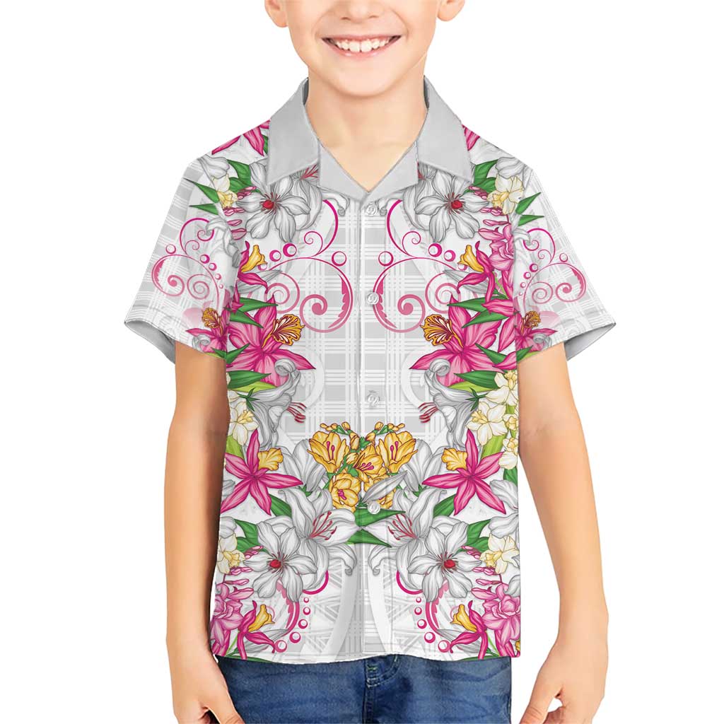 Hawaii Palaka Family Matching Short Sleeve Bodycon Dress and Hawaiian Shirt White Tribal Pattern With Tropical Flowers LT05 Son's Shirt White - Polynesian Pride