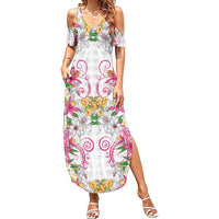 Hawaii Palaka Family Matching Summer Maxi Dress and Hawaiian Shirt White Tribal Pattern With Tropical Flowers - Polynesian Pride