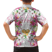Hawaii Palaka Family Matching Tank Maxi Dress and Hawaiian Shirt White Tribal Pattern With Tropical Flowers - Polynesian Pride