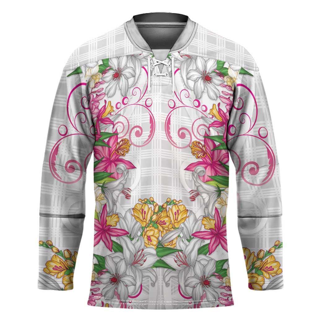 Hawaii Palaka Hockey Jersey White Tribal Pattern With Tropical Flowers - Polynesian Pride