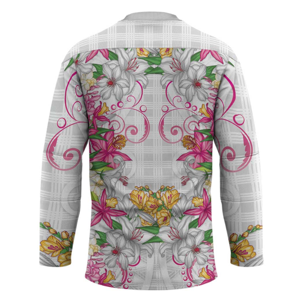 Hawaii Palaka Hockey Jersey White Tribal Pattern With Tropical Flowers - Polynesian Pride