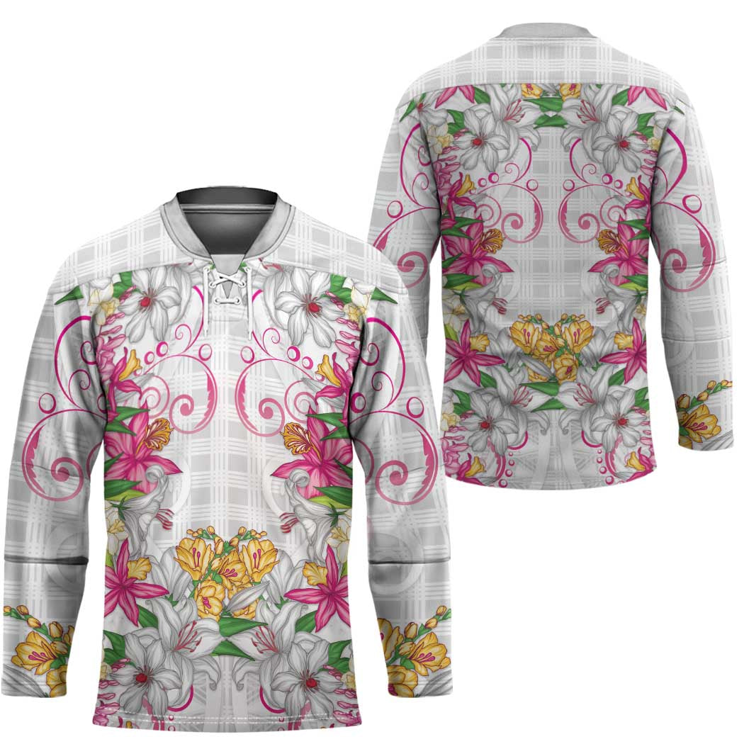 Hawaii Palaka Hockey Jersey White Tribal Pattern With Tropical Flowers - Polynesian Pride
