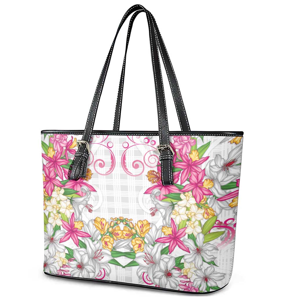 Hawaii Palaka Leather Tote Bag White Tribal Pattern With Tropical Flowers - Polynesian Pride