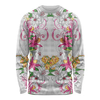 Hawaii Palaka Long Sleeve Shirt White Tribal Pattern With Tropical Flowers - Polynesian Pride