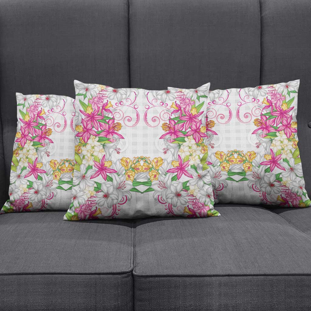 Hawaii Palaka Pillow Cover White Tribal Pattern With Tropical Flowers - Polynesian Pride