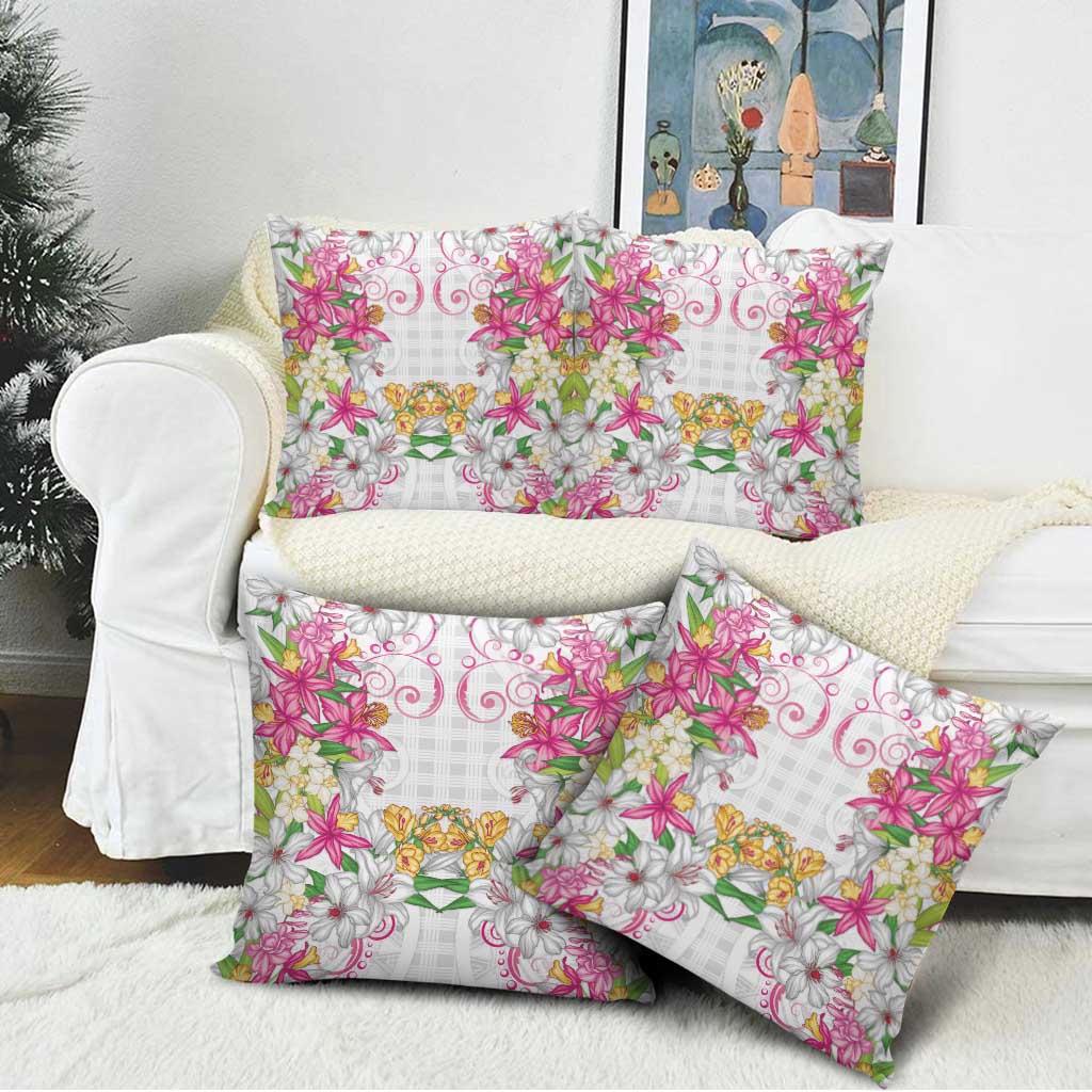 Hawaii Palaka Pillow Cover White Tribal Pattern With Tropical Flowers - Polynesian Pride