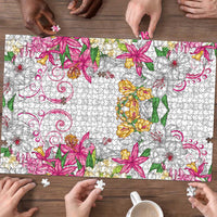 Hawaii Palaka Puzzle White Tribal Pattern With Tropical Flowers - Polynesian Pride