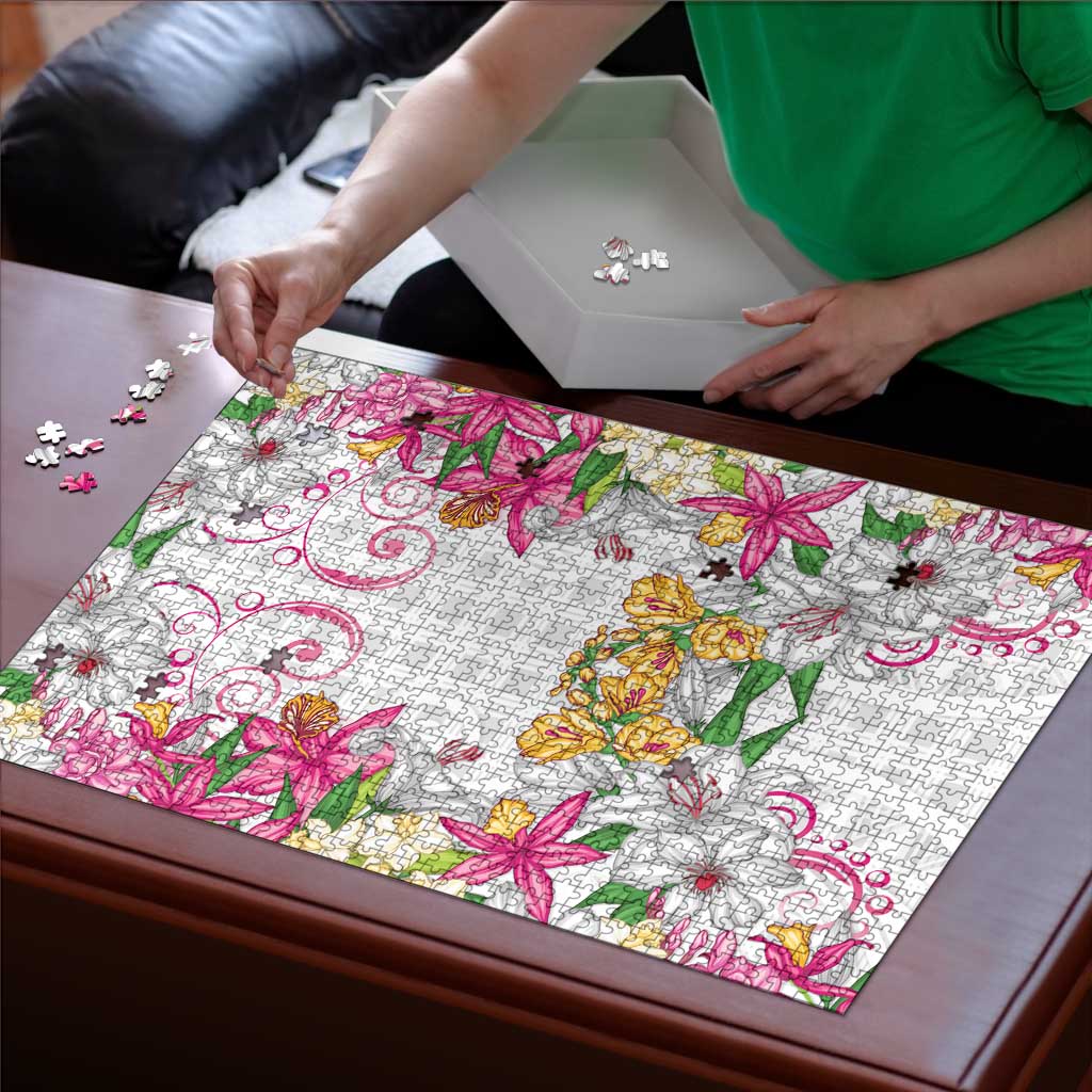 Hawaii Palaka Puzzle White Tribal Pattern With Tropical Flowers - Polynesian Pride
