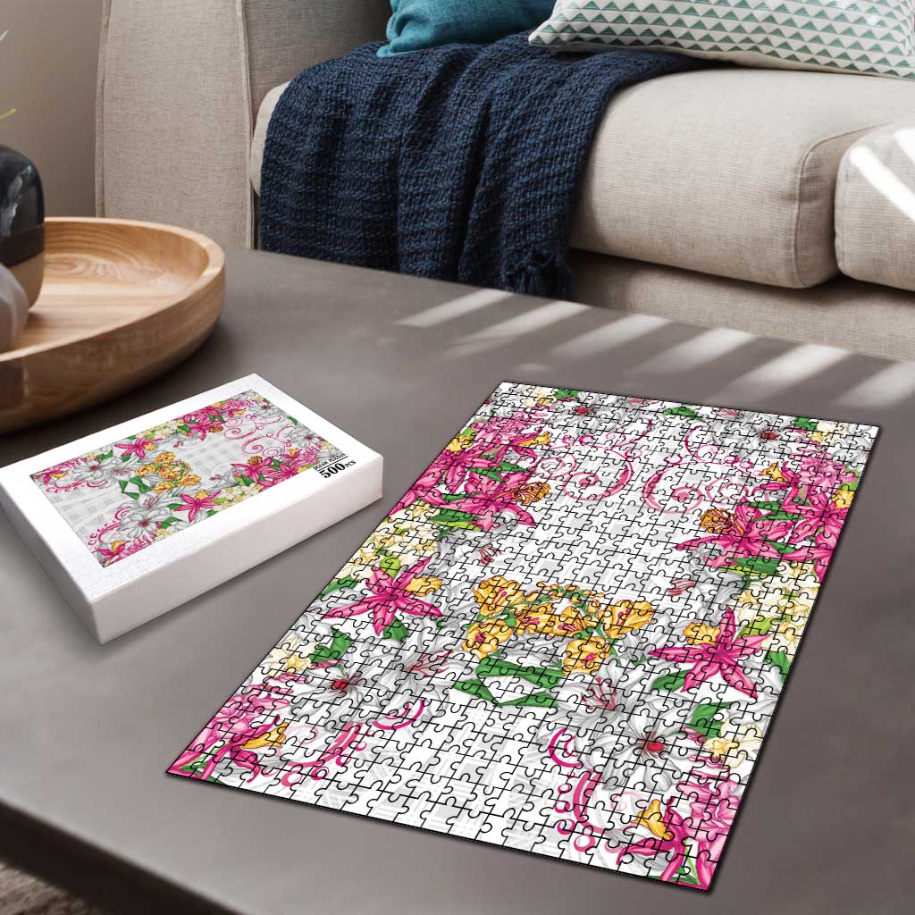 Hawaii Palaka Puzzle White Tribal Pattern With Tropical Flowers - Polynesian Pride