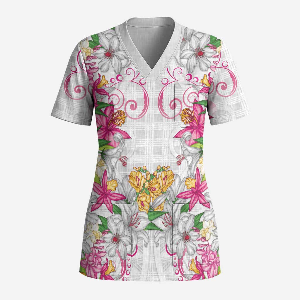 Hawaii Palaka Scrub Top White Tribal Pattern With Tropical Flowers - Polynesian Pride