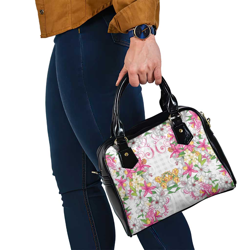 Hawaii Palaka Shoulder Handbag White Tribal Pattern With Tropical Flowers - Polynesian Pride
