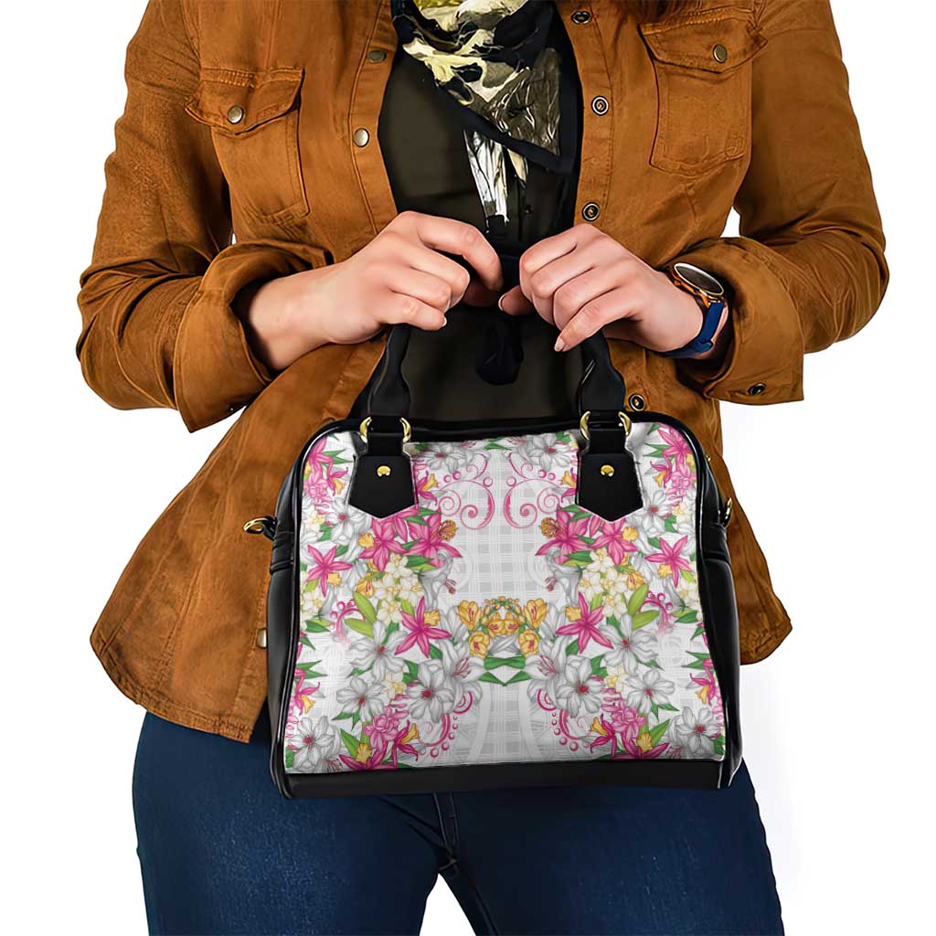 Hawaii Palaka Shoulder Handbag White Tribal Pattern With Tropical Flowers - Polynesian Pride