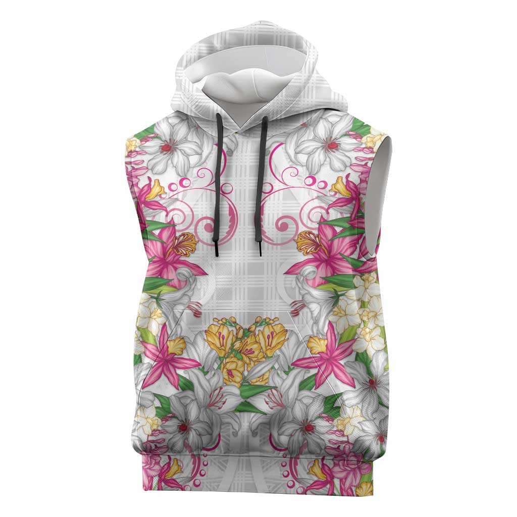 Hawaii Palaka Sleeveless Hoodie White Tribal Pattern With Tropical Flowers - Polynesian Pride