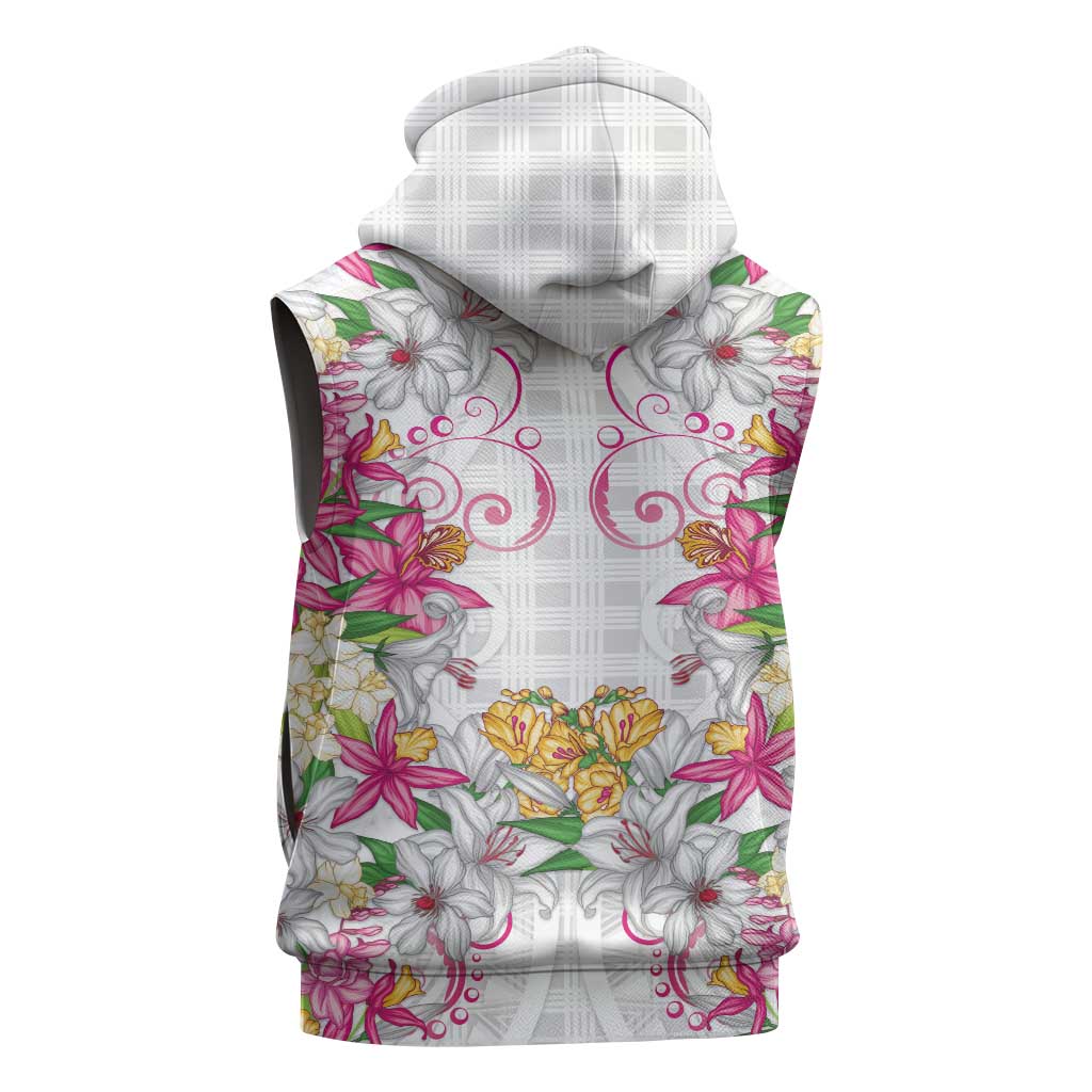 Hawaii Palaka Sleeveless Hoodie White Tribal Pattern With Tropical Flowers - Polynesian Pride
