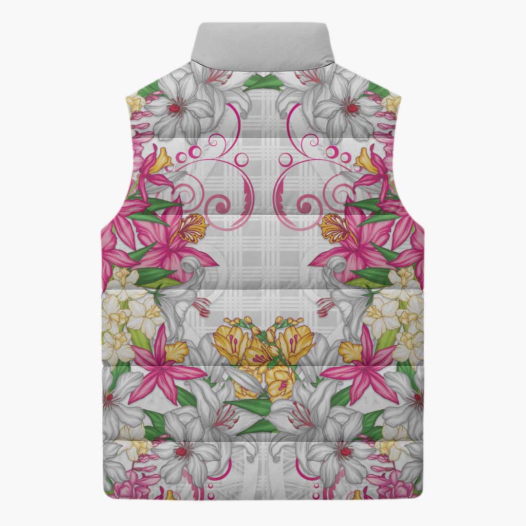 Hawaii Palaka Sleeveless Puffer Jacket White Tribal Pattern With Tropical Flowers - Polynesian Pride