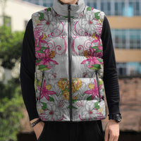 Hawaii Palaka Sleeveless Puffer Jacket White Tribal Pattern With Tropical Flowers - Polynesian Pride