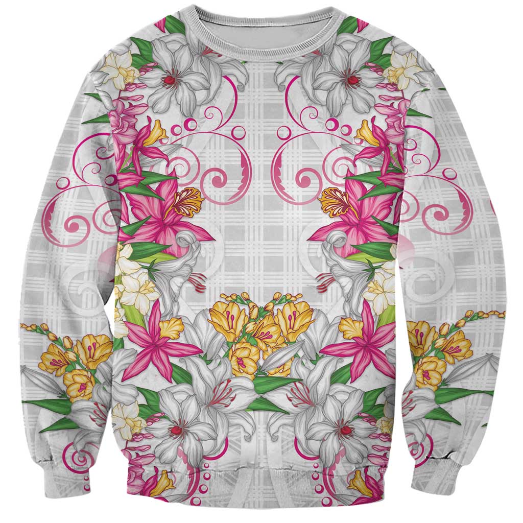 Hawaii Palaka Sweatshirt White Tribal Pattern With Tropical Flowers - Polynesian Pride