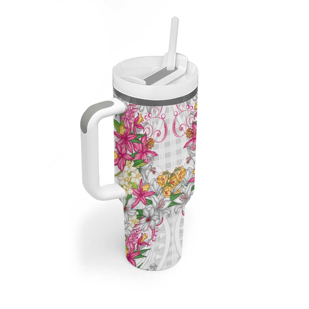 Hawaii Palaka Tumbler With Handle White Tribal Pattern With Tropical Flowers - Polynesian Pride