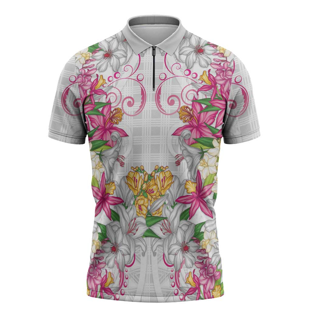 Hawaii Palaka Zipper Polo Shirt White Tribal Pattern With Tropical Flowers - Polynesian Pride
