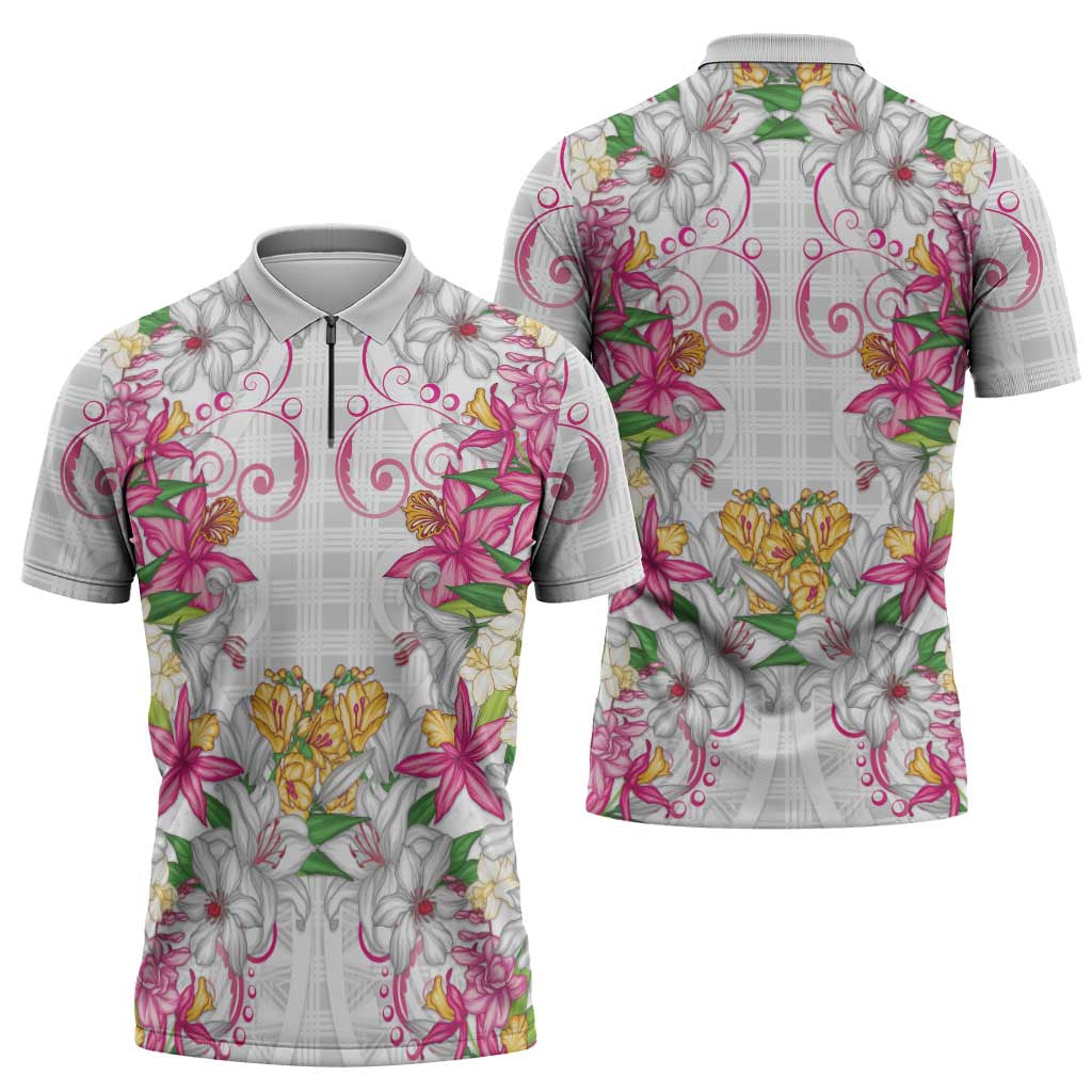 Hawaii Palaka Zipper Polo Shirt White Tribal Pattern With Tropical Flowers - Polynesian Pride