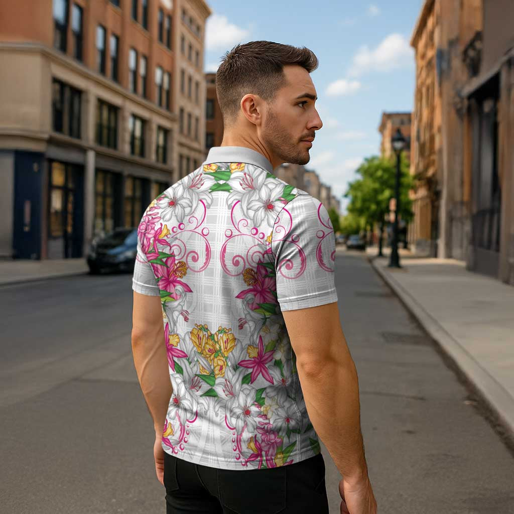 Hawaii Palaka Zipper Polo Shirt White Tribal Pattern With Tropical Flowers - Polynesian Pride