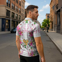 Hawaii Palaka Zipper Polo Shirt White Tribal Pattern With Tropical Flowers - Polynesian Pride