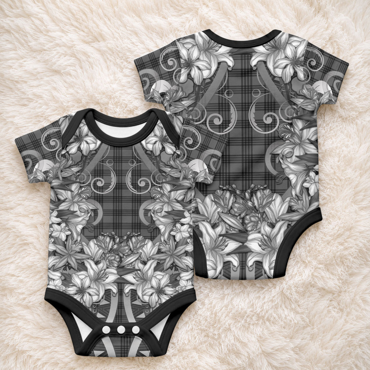 Hawaii Palaka Baby Onesie Black Tribal Pattern With Tropical Flowers LT05 - Polynesian Pride