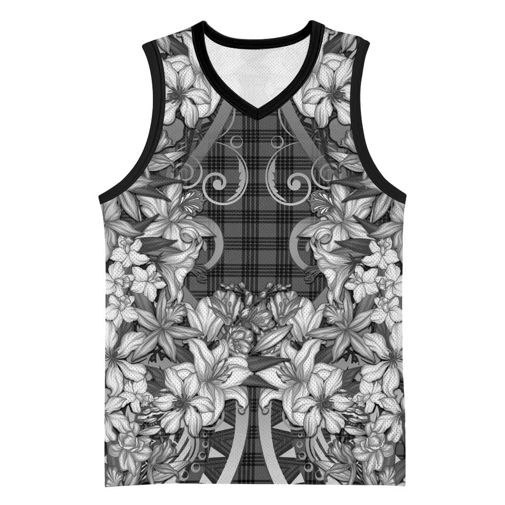 Hawaii Palaka Basketball Jersey Black Tribal Pattern With Tropical Flowers - Polynesian Pride