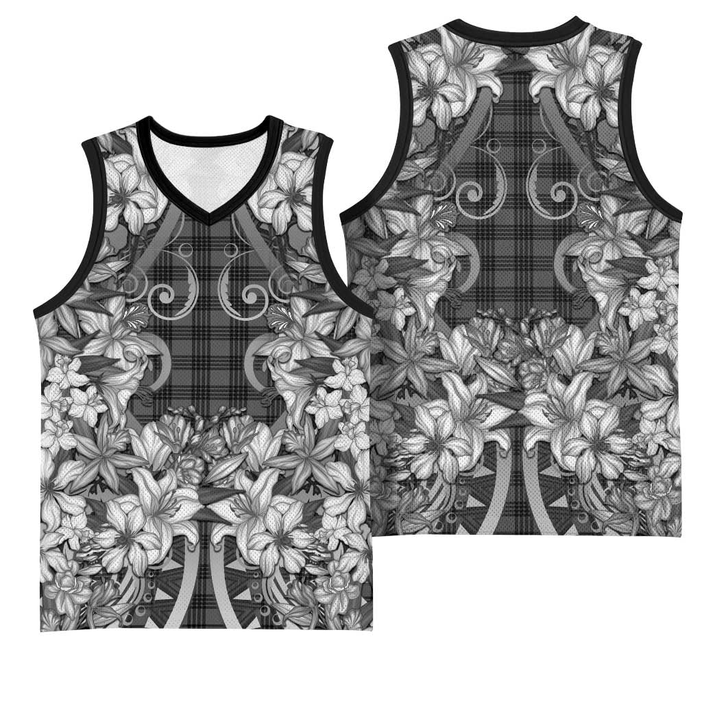 Hawaii Palaka Basketball Jersey Black Tribal Pattern With Tropical Flowers - Polynesian Pride