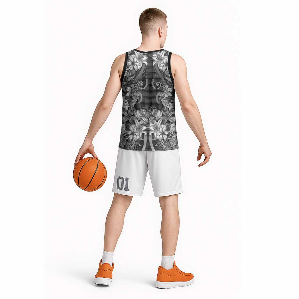 Hawaii Palaka Basketball Jersey Black Tribal Pattern With Tropical Flowers - Polynesian Pride