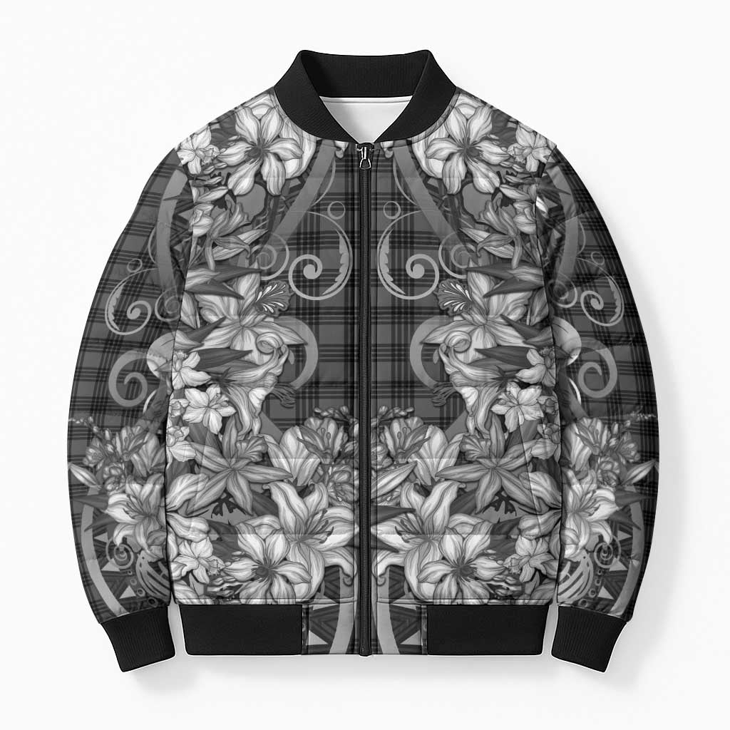 Hawaii Palaka Bomber Puffer Jacket Black Tribal Pattern With Tropical Flowers - Polynesian Pride