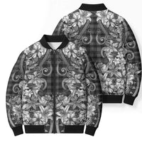 Hawaii Palaka Bomber Puffer Jacket Black Tribal Pattern With Tropical Flowers - Polynesian Pride