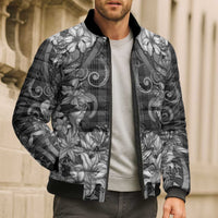 Hawaii Palaka Bomber Puffer Jacket Black Tribal Pattern With Tropical Flowers - Polynesian Pride