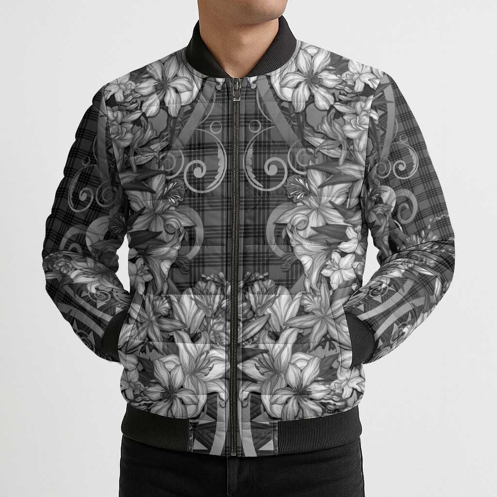 Hawaii Palaka Bomber Puffer Jacket Black Tribal Pattern With Tropical Flowers - Polynesian Pride