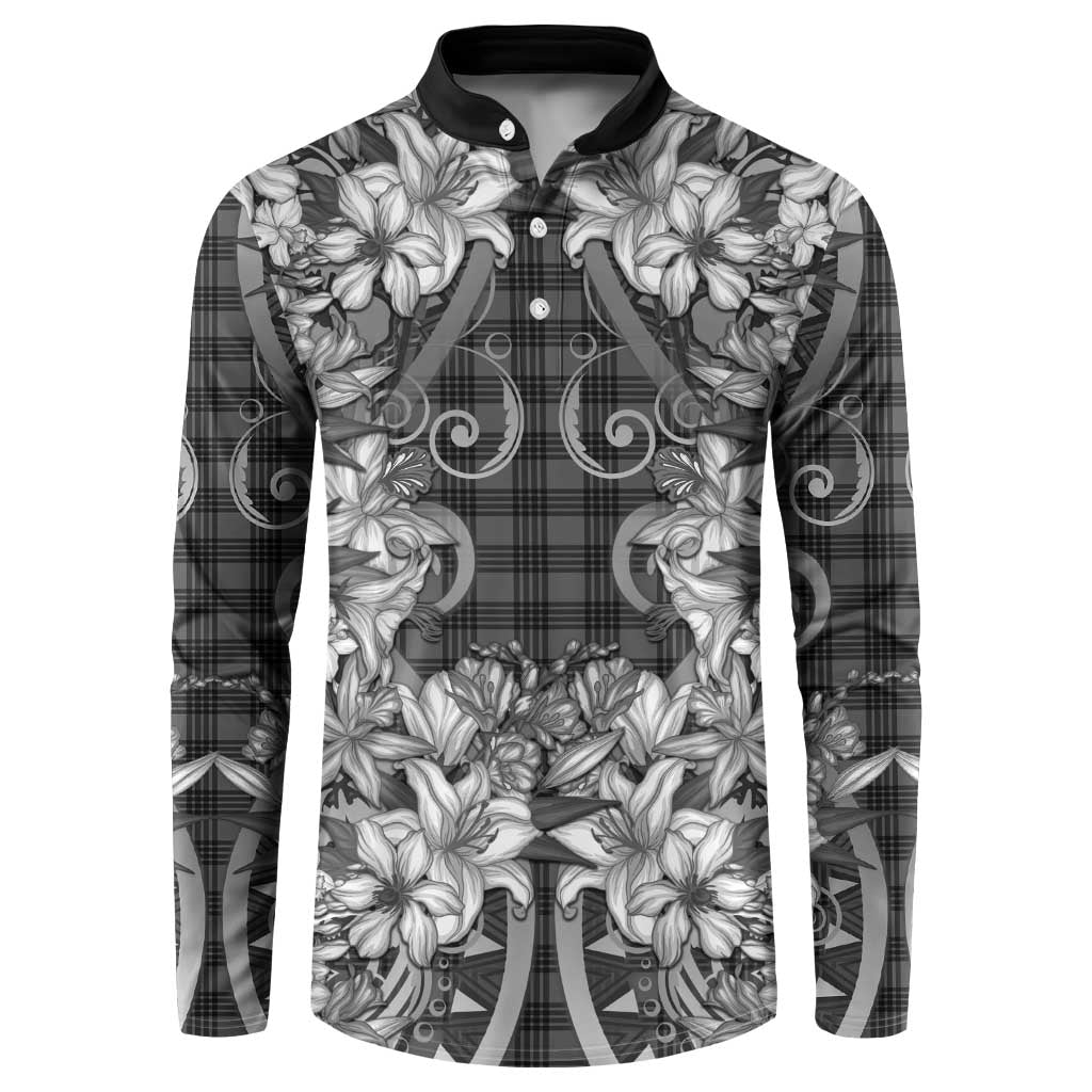 Hawaii Palaka Button Sweatshirt Black Tribal Pattern With Tropical Flowers LT05 Black - Polynesian Pride