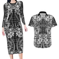 Hawaii Palaka Couples Matching Long Sleeve Bodycon Dress and Hawaiian Shirt Black Tribal Pattern With Tropical Flowers LT05 Black - Polynesian Pride