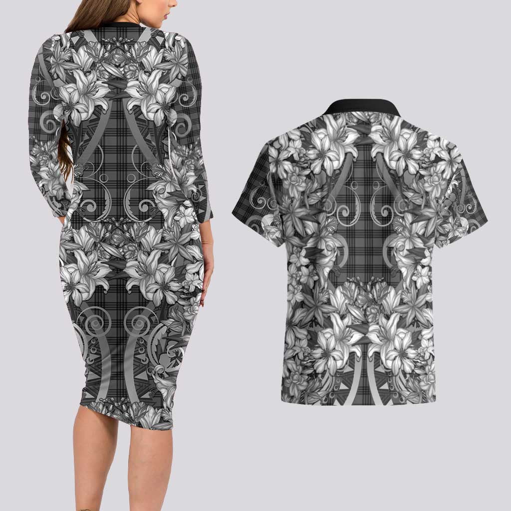 Hawaii Palaka Couples Matching Long Sleeve Bodycon Dress and Hawaiian Shirt Black Tribal Pattern With Tropical Flowers LT05 - Polynesian Pride