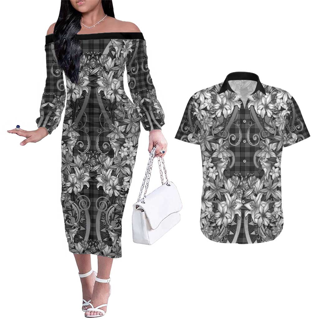 Hawaii Palaka Couples Matching Off The Shoulder Long Sleeve Dress and Hawaiian Shirt Black Tribal Pattern With Tropical Flowers - Polynesian Pride