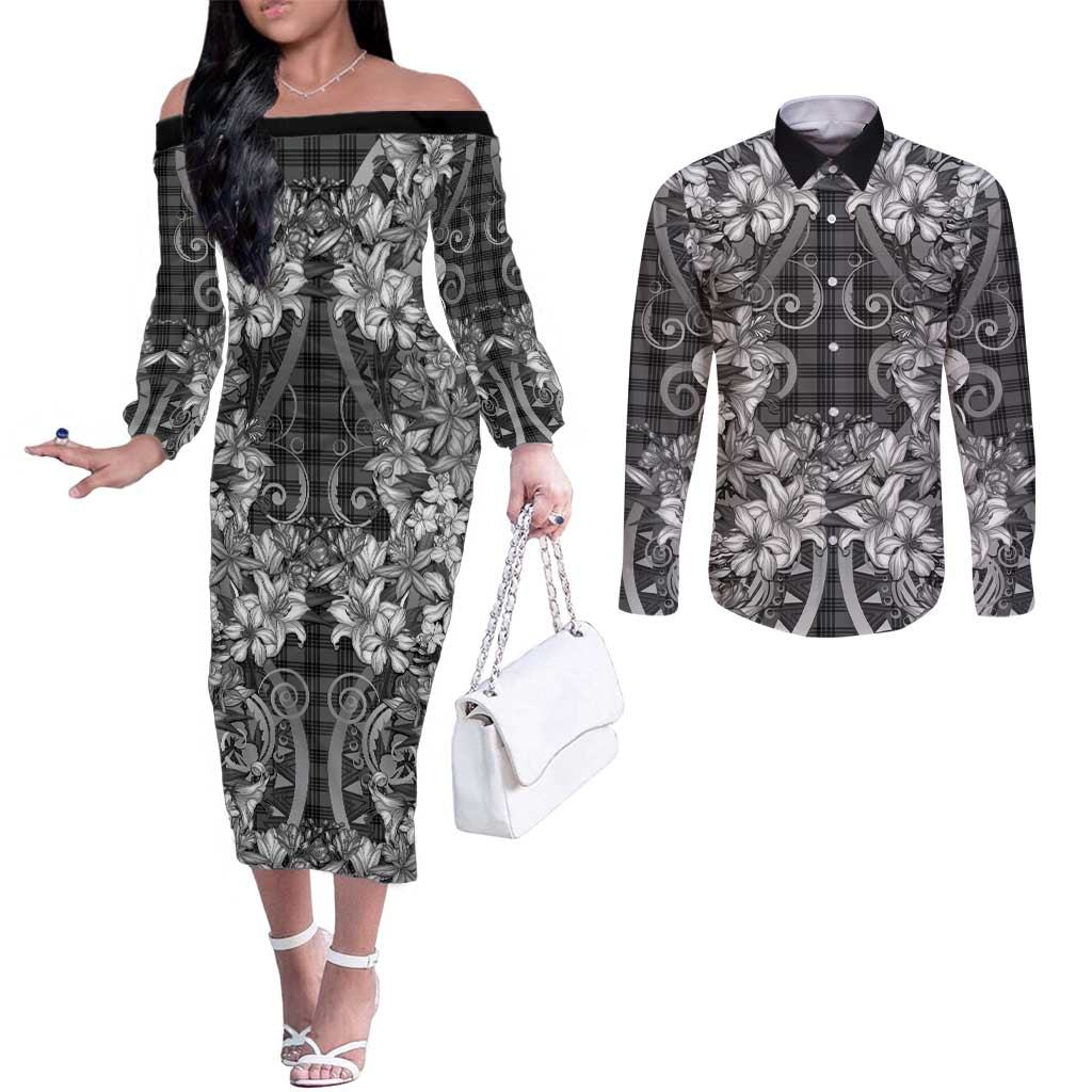 Hawaii Palaka Couples Matching Off The Shoulder Long Sleeve Dress and Long Sleeve Button Shirt Black Tribal Pattern With Tropical Flowers LT05 Black - Polynesian Pride
