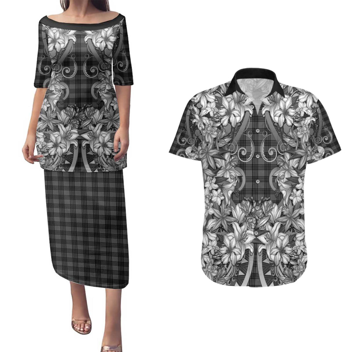 Hawaii Palaka Couples Matching Puletasi and Hawaiian Shirt Black Tribal Pattern With Tropical Flowers - Polynesian Pride