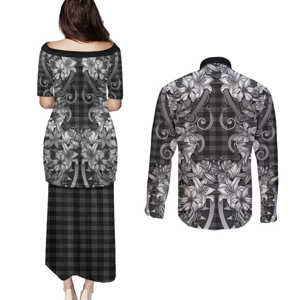 Hawaii Palaka Couples Matching Puletasi and Long Sleeve Button Shirt Black Tribal Pattern With Tropical Flowers - Polynesian Pride