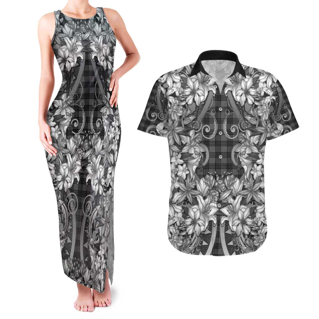 Hawaii Palaka Couples Matching Tank Maxi Dress and Hawaiian Shirt Black Tribal Pattern With Tropical Flowers - Polynesian Pride