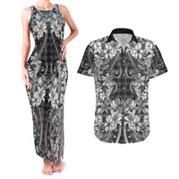 Hawaii Palaka Couples Matching Tank Maxi Dress and Hawaiian Shirt Black Tribal Pattern With Tropical Flowers - Polynesian Pride