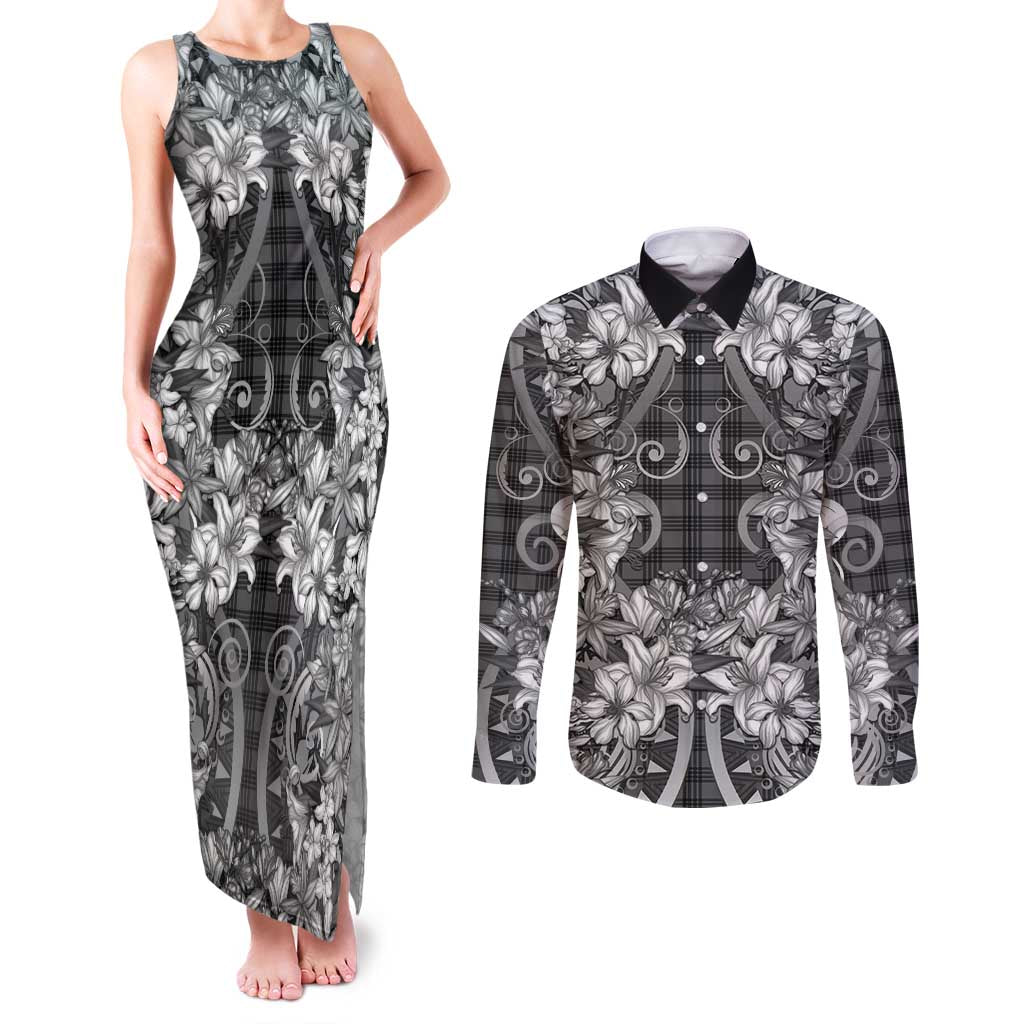 Hawaii Palaka Couples Matching Tank Maxi Dress and Long Sleeve Button Shirt Black Tribal Pattern With Tropical Flowers - Polynesian Pride