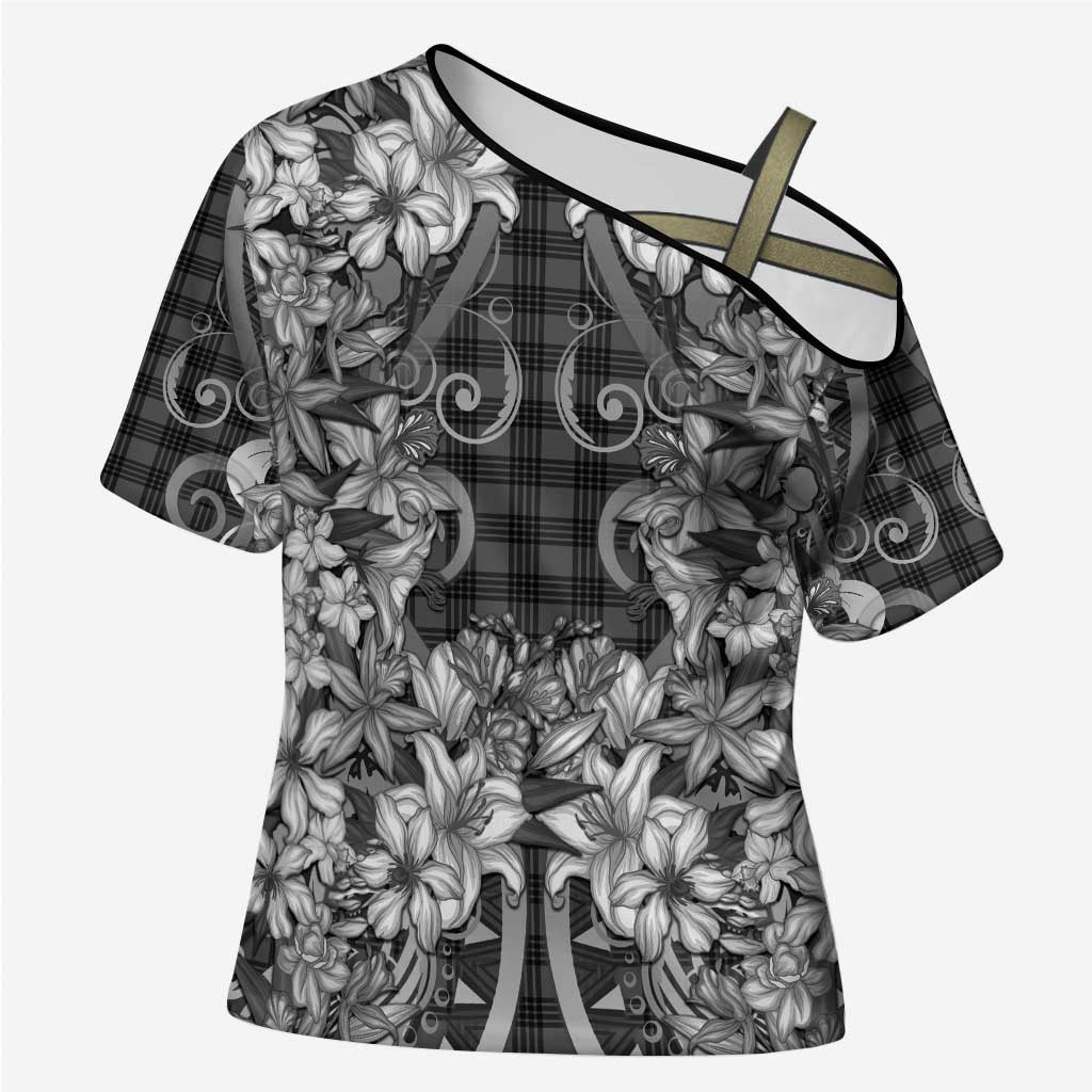 Hawaii Palaka Cross Shoulder Shirt Black Tribal Pattern With Tropical Flowers - Polynesian Pride
